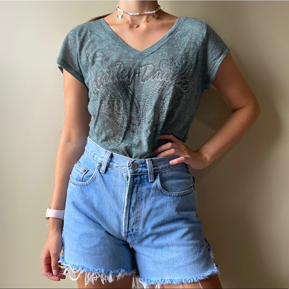 Harley Davidson Teal Bedazzled V Neck Tee Shirt‎